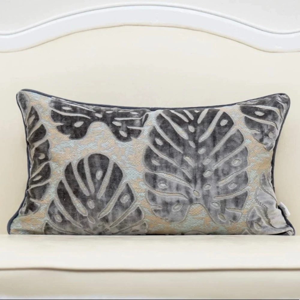 Luxury Home | Boho Grey Velvet Tropical Leaf Jaquard Lumbar Throw Pillow Cover